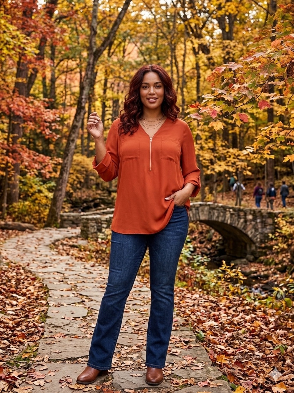 Zac & Rachel Rust Zip-Front Long-Sleeve Blouse
